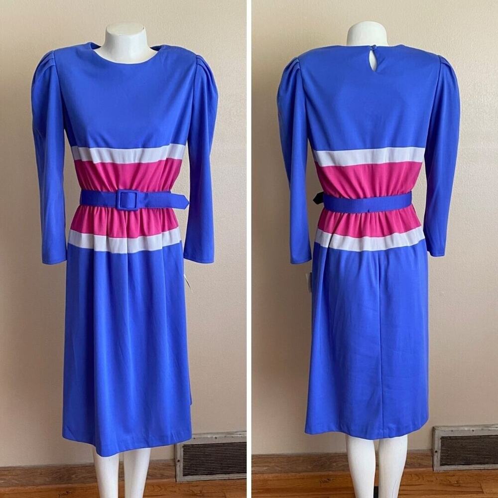 VTG 80s Tabby of California NWT Sz 8 Purple Pink Color Block Dress Belt Long Slv